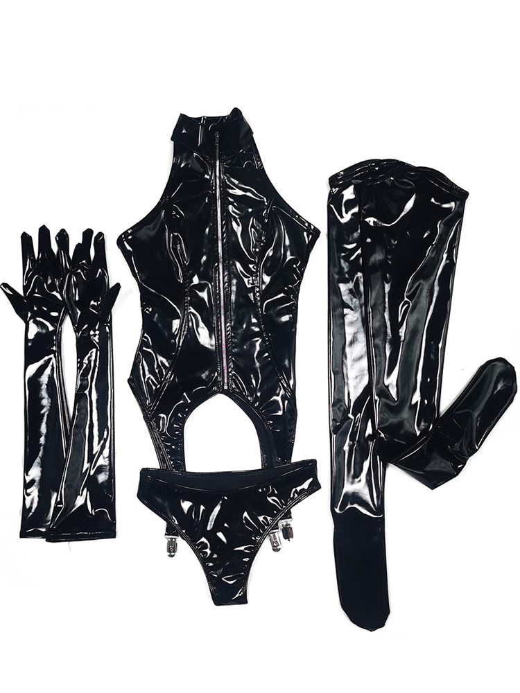 4PCS/SET Wet Look PVC Catsuit  – Garter Belt Set recenzja i cena