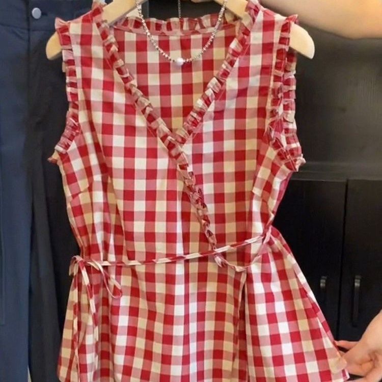 Retro Red Plaid Sleeveless Ves – Corset Waist Cinch recenzja i cena