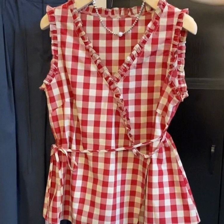 Retro Red Plaid Sleeveless Ves – Corset Waist Cinch recenzja i cena