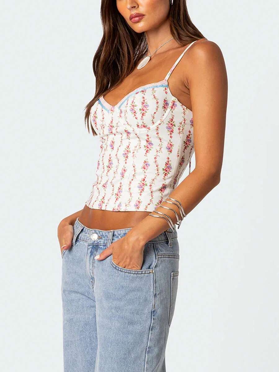Women Floral Print Tie Strap V – Cami Top Lace recenzja i cena