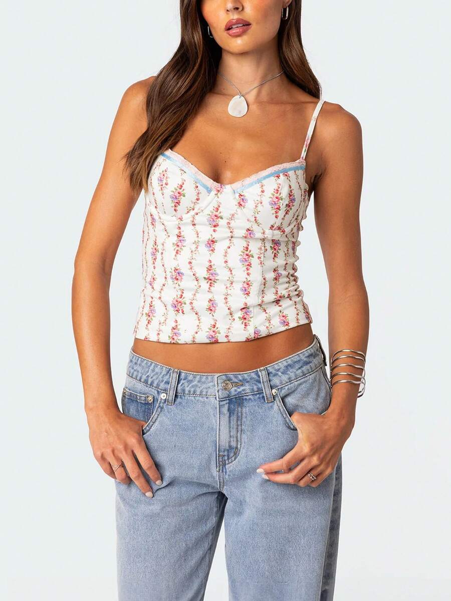 Women Floral Print Tie Strap V – Cami Top Lace recenzja i cena